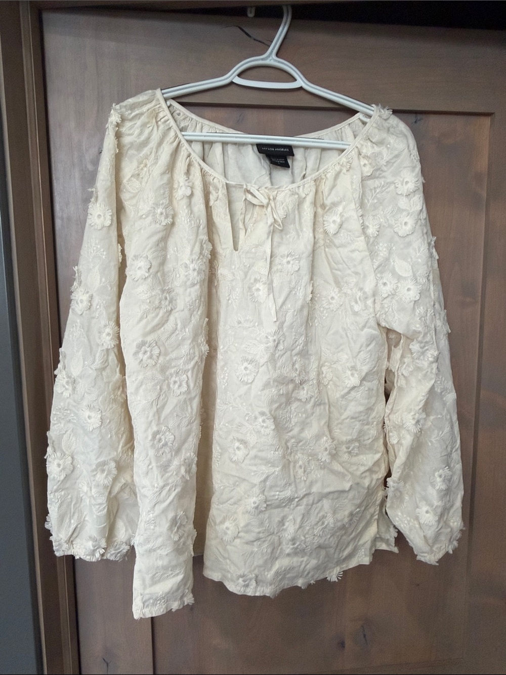 Embroidered Tie-Neck Cream Peasant Tunic